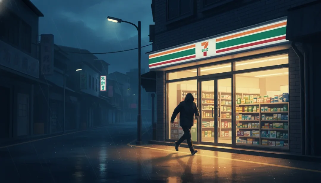 深夜便利商店外觀，半夜買藥急救情境