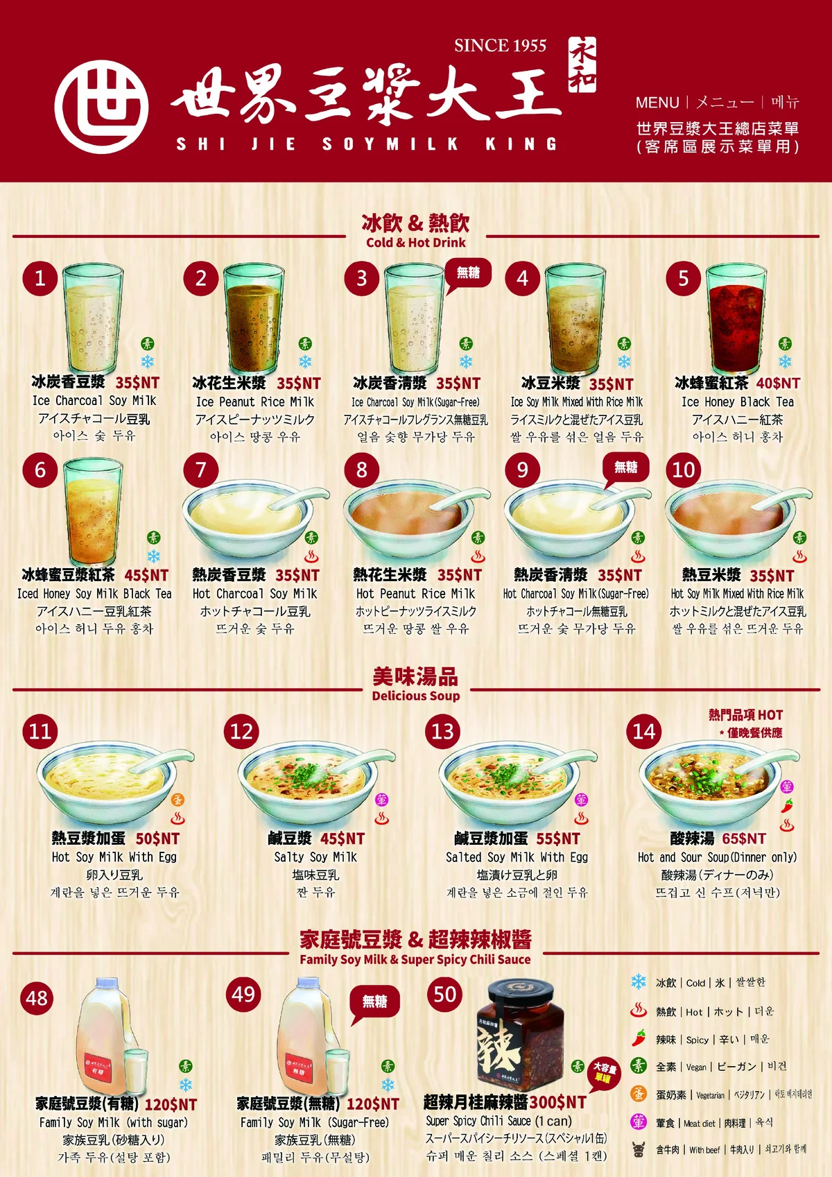 世界豆漿大王 2026 最新菜單價目表正面 - 冰飲熱飲美味湯品