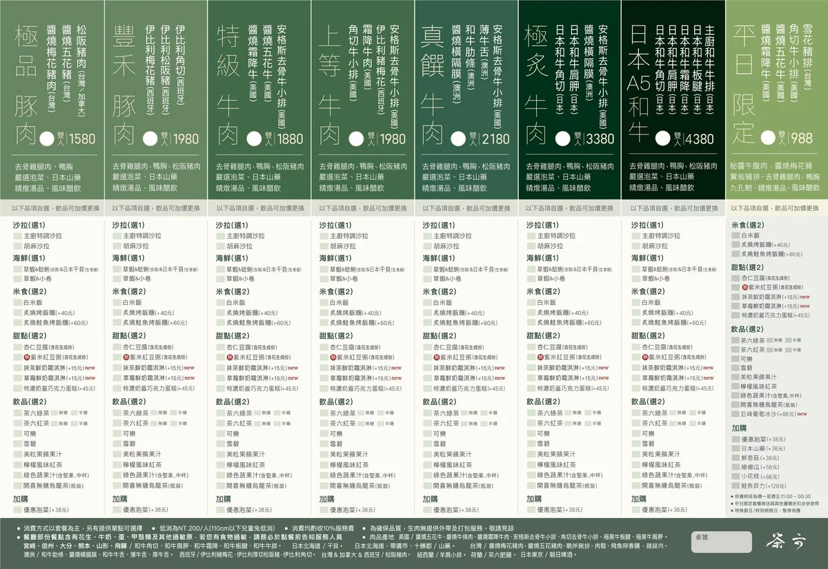 茶六燒肉堂 2026 最新菜單價目表（雙人套餐）