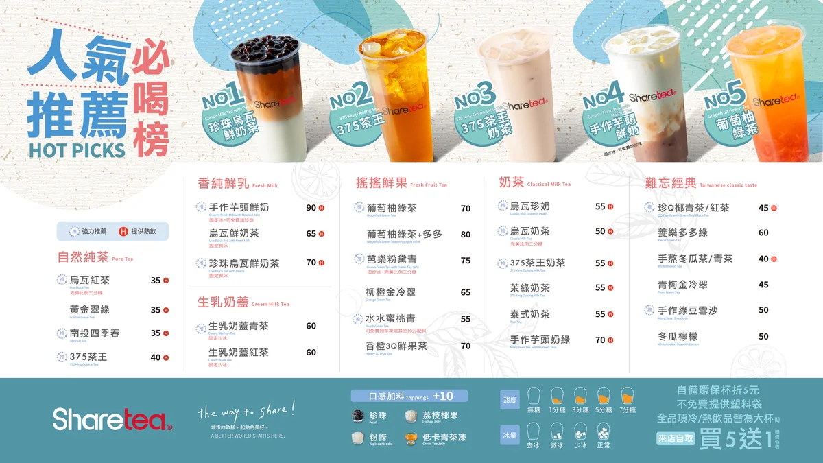 歇腳亭 Sharetea 2026 最新北部菜單價目表
